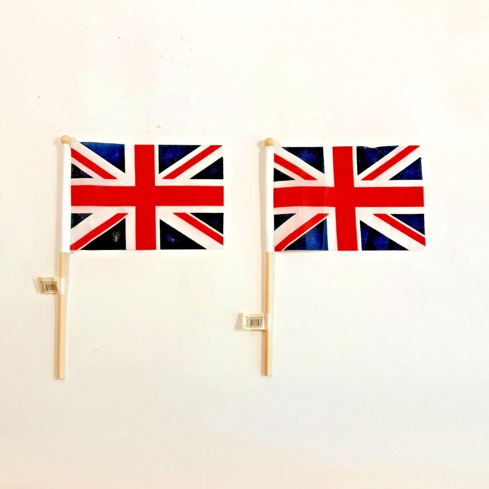 2 Small Handheld British UK Flags on Wooden Stick – Union Jack – New